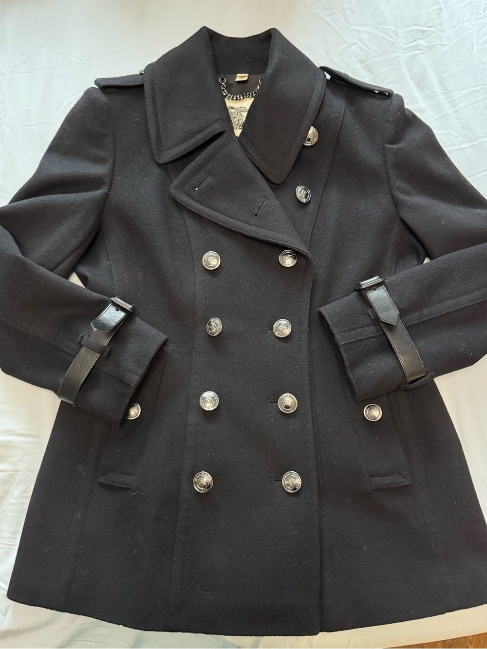 Burberry Virgin Wool Pea Coat (black) with 100% leather wrist cuffs - Size 12